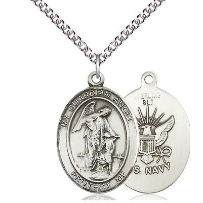 Guardian Angel Navy Medal Necklace - Sterling Silver - 1 Inch Tall x 3/4 Inch Wide with 24" Chain