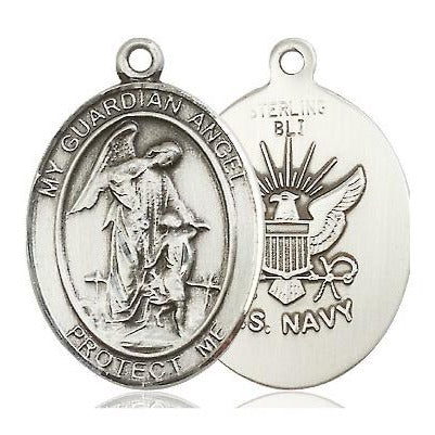 Guardian Angel Navy Medal Necklace - Sterling Silver - 1 Inch Tall x 3/4 Inch Wide with 18" Chain