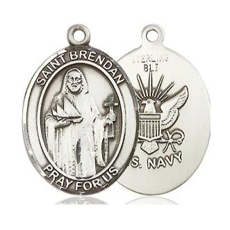 St. Brendan Navy Medal - Sterling Silver - 3/4 Inch Tall x 1/2 Inch Wide