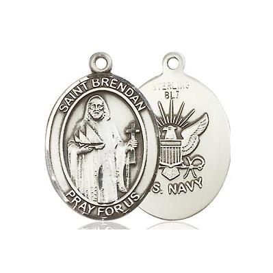 St. Brendan Navy Medal Necklace - Sterling Silver - 3/4 Inch Tall x 1/2 Inch Wide with 18" Chain
