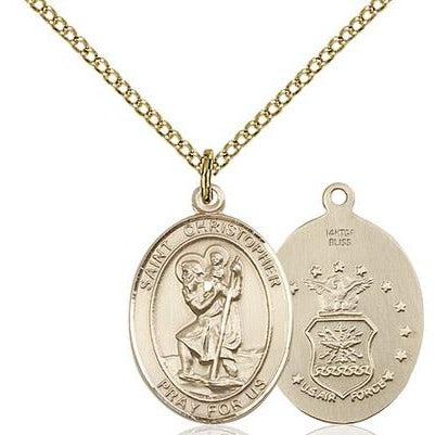 St. Christopher Air Force Medal Necklace - 14K Gold Filled - 3/4 Inch Tall x 1/2 Inch Wide with 18" Chain