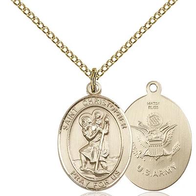St, Christopher Army Medal Necklace - 14K Gold Filled - 3/4 Inch Tall x 1/2 Inch Wide with 18" Chain