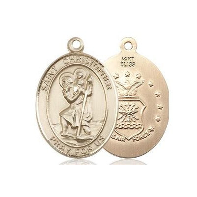 St. Christopher Air Force Medal Necklace - 14K Gold - 3/4 Inch Tall x 1/2 Inch Wide with 18" Chain