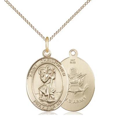 St. Christopher Army Medal Necklace - 14K Gold - 3/4 Inch Tall x 1/2 Inch Wide with 18" Chain