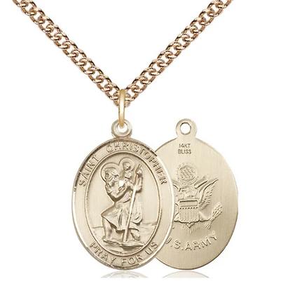 St. Christopher Army Necklace - 14K Gold - 3/4 Inch Tall x 1/2 Inch Wide with 24" Chain