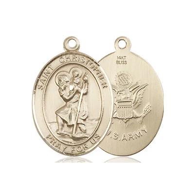 St. Christopher Army Medal Necklace - 14K Gold - 3/4 Inch Tall x 1/2 Inch Wide with 18" Chain