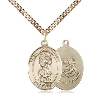 St. Christopher Coast Guard Medal Necklace - 14K Gold - 3/4 Inch Tall x 1/2 Inch Wide with 24" Chain