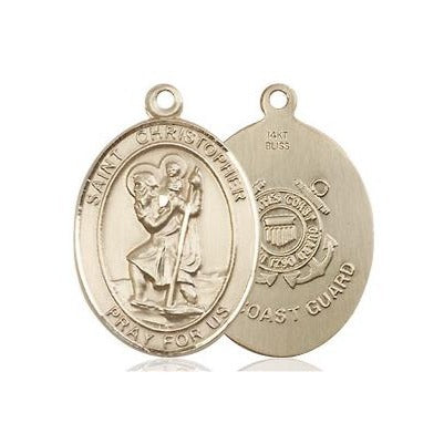 St. Christopher Coast Guard Medal Necklace - 14K Gold - 3/4 Inch Tall x 1/2 Inch Wide with 18" Chain