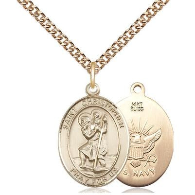 St. Christopher Navy Medal Necklace - 14K Gold - 3/4 Inch Tall x 1/2 Inch Wide with 24" Chain
