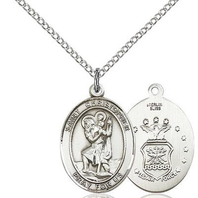 St. Christopher Air Force Medal Necklace - Sterling Silver - 3/4 Inch Tall x 1/2 Inch Wide with 18" Chain