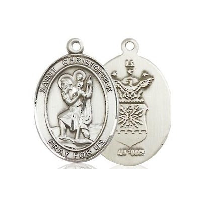 St. Christopher Air Force Medal Necklace - Sterling Silver - 3/4 Inch Tall x 1/2 Inch Wide with 24" Chain