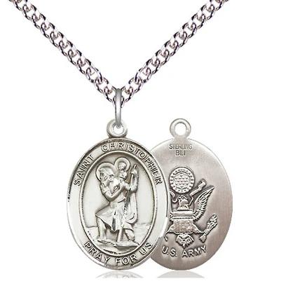 St. Christopher Army Medal Necklace - Sterling Silver - 3/4 Inch Tall x 1/2 Inch Wide with 24" Chain