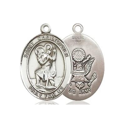 St. Christopher Army Medal Necklace - Sterling Silver - 3/4 Inch Tall x 1/2 Inch Wide with 18" Chain