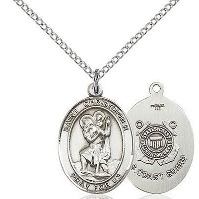 St. Christopher Coast Guard Medal Necklace - Sterling Silver - 3/4 Inch Tall x 1/2 Inch Wide with 18" Chain