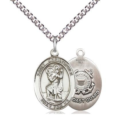 St. Christopher Coast Guard Medal Necklace - Sterling Silver - 3/4 Inch Tall x 1/2 Inch Wide with 24" Chain