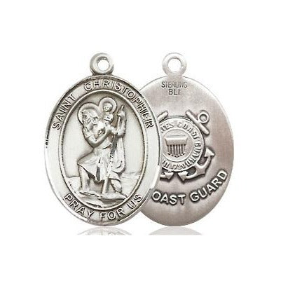St. Christopher Coast Guard Medal Necklace - Sterling Silver - 3/4 Inch Tall x 1/2 Inch Wide with 18" Chain