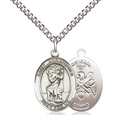 St. Christopher National Guard Medal Necklace - Sterling Silver - 3/4 Inch Tall x 1/2 Inch Wide with 24" Chain