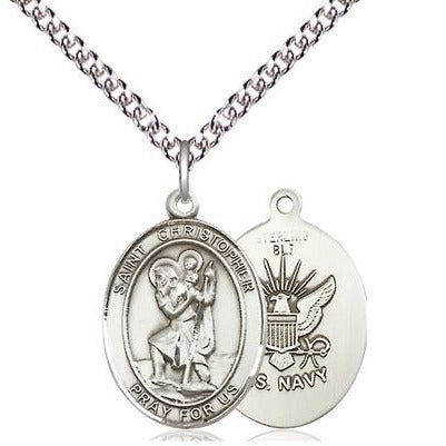 St. Christopher Navy Medal Necklace - Sterling Silver - 3/4 Inch Tall x 1/2 Inch Wide with 24" Chain