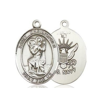 St. Christopher Navy Medal Necklace - Sterling Silver - 3/4 Inch Tall x 1/2 Inch Wide with 24" Chain