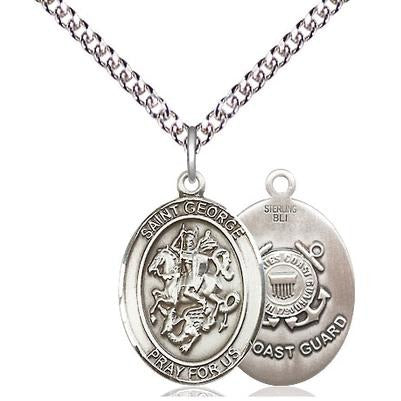 St. George Coast Guard Medal Necklace - Sterling Silver - 3/4 Inch Tall x 1/2 Inch Wide with 24" Chain