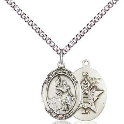 St. Joan of Arc Army Medal Necklace - Sterling Silver - 3/4 Inch Tall x 1/2 Inch Wide with 24" Chain