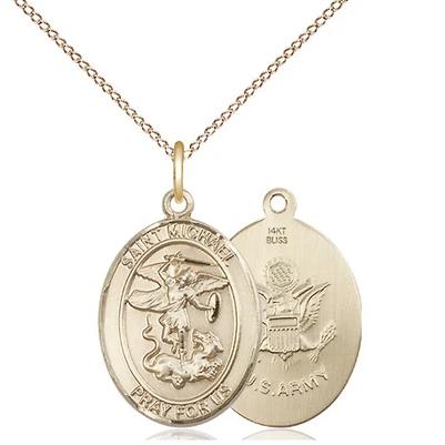 St. Michael Army Medal Necklace - 14K Gold - 3/4 Inch Tall x 1/2 Inch Wide with 18" Chain