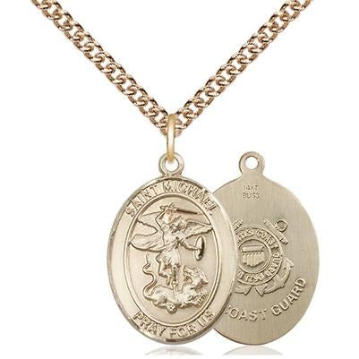 St. Michael Coast Guard Medal Necklace - 14K Gold - 3/4 Inch Tall x 1/2 Inch Wide with 24" Chain