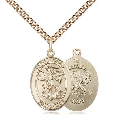 St. Michael National Guard Medal Necklace - 14K Gold - 3/4 Inch Tall x 1/2 Inch Wide with 24" Chain