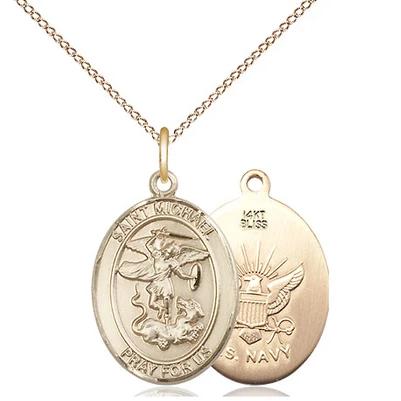 St. Michael Navy Medal Necklace - 14K Gold - 3/4 Inch Tall x 1/2 Inch Wide with 18" Chain