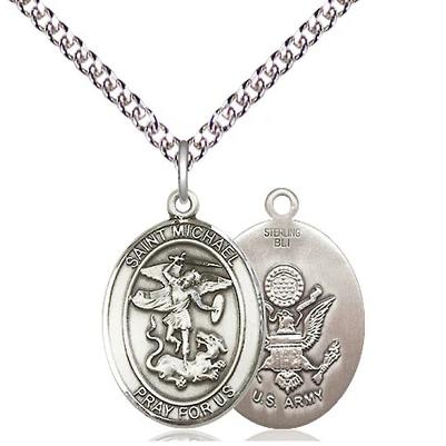 St. Michael Army Medal Necklace - Sterling Silver - 3/4 Inch Tall x 1/2 Inch Wide with 24" Chain
