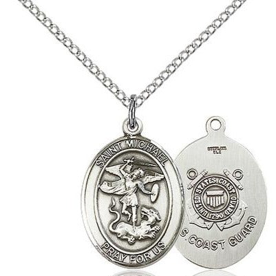 St. Michael Coast Guard Medal Necklace - Sterling Silver - 3/4 Inch Tall x 1/2 Inch Wide with 18" Chain