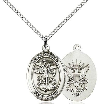 St. Michael Navy Medal Necklace - Sterling Silver - 3/4 Inch Tall x 1/2 Inch Wide with 18" Chain