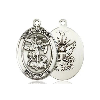 St. Michael Navy Medal Necklace - Sterling Silver - 3/4 Inch Tall x 1/2 Inch Wide with 18" Chain
