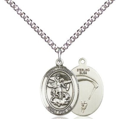 St. Michael Paratrooper Medal Necklace - Sterling Silver - 3/4 Inch Tall x 1/2 Inch Wide with 24" Chain