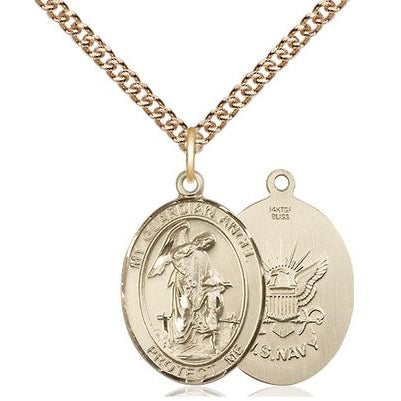 Guardian Angel Navy Medal Necklace - 14K Gold Filled - 3/4 Inch Tall x 1/2 Inch Wide with 24" Chain