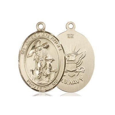 Guardian Angel Navy Medal Necklace - 14K Gold Filled - 3/4 Inch Tall x 1/2 Inch Wide with 24" Chain