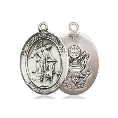 Guardian Angel Army Medal Necklace - Sterling Silver - 3/4 Inch Tall x 1/2 Inch Wide with 18" Chain