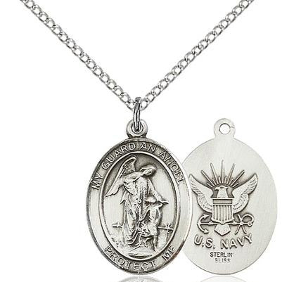 Guardian Angel Navy Medal Necklace - Sterling Silver - 3/4 Inch Tall x 1/2 Inch Wide with 18" Chain