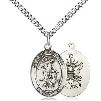 Guardian Angel Navy Medal Necklace - Sterling Silver - 3/4 Inch Tall x 1/2 Inch Wide with 24" Chain