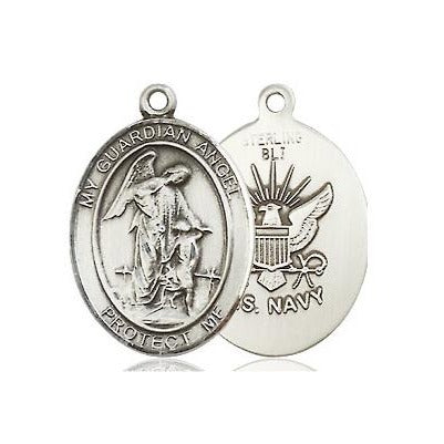 Guardian Angel Navy Medal Necklace - Sterling Silver - 3/4 Inch Tall x 1/2 Inch Wide with 18" Chain