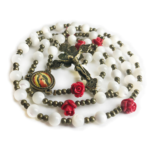 Catholic Heirlooms Our Lady Of Guadalupe Mother of Pearl Stone Red Rose Rosary
