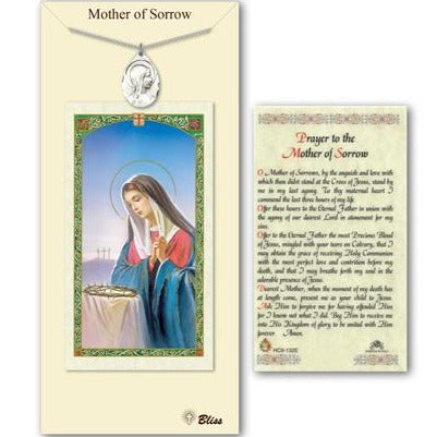 Sorrowful Mother Catholic Medal With Prayer Card - Pewter