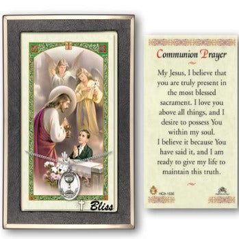 First Holy Communion Catholic Medal With Prayer Card - Sterling Silver