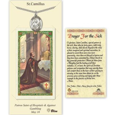 St. Camillus of Lellis Catholic Medal With Prayer Card - Pewter