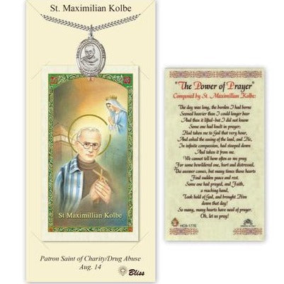 Maximilian Kolbe Catholic Medal With Prayer Card - Pewter