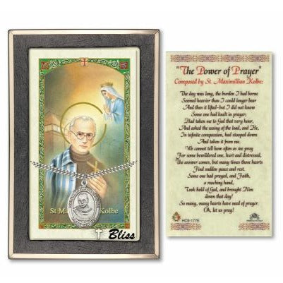 Maximilian Kolbe Catholic Medal With Prayer Card - Sterling Silver