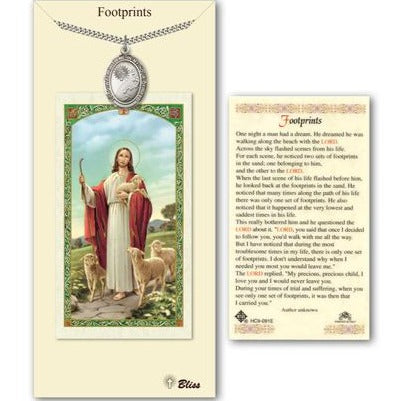 Footprints Cross Catholic Medal With Prayer Card - Pewter