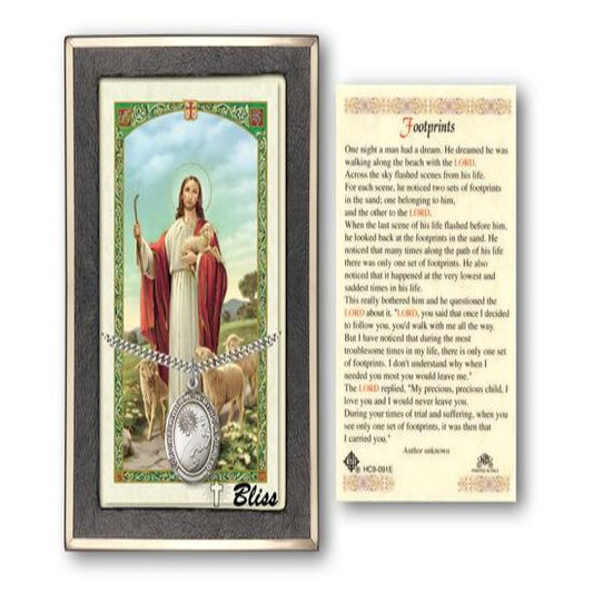Footprints Cross Catholic Medal With Prayer Card - Sterling Silver