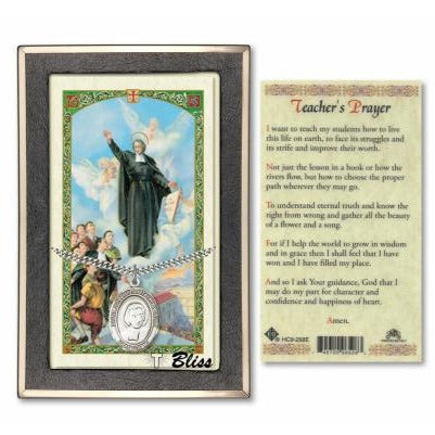 St John Baptist de la Salle Catholic Medal With Prayer Card - Sterling Silver