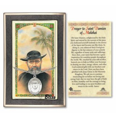 St. Damien of Molokai Catholic Medal With Prayer Card - Sterling Silver
